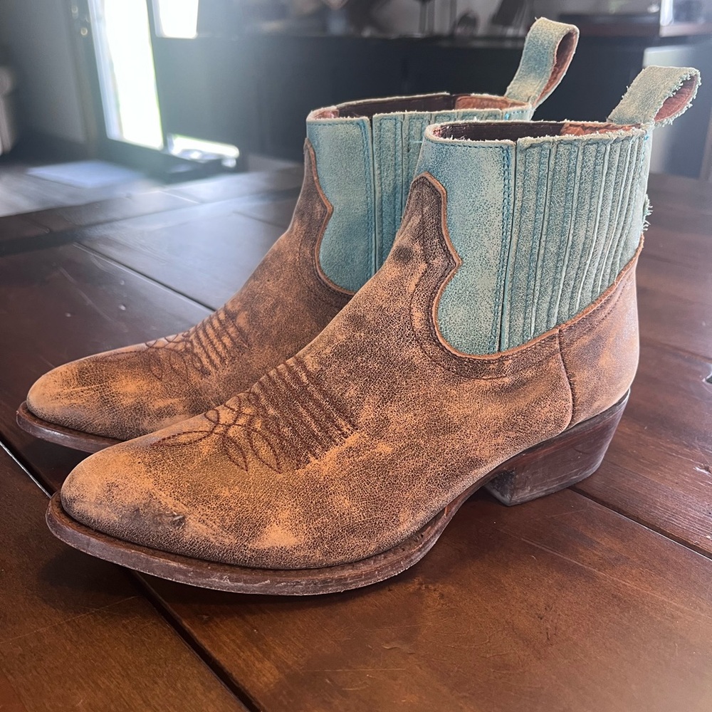 Turquoise and brown ankle cowboy boots